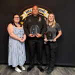 From left to right: Communications Officer of the Year Chelsea Johnson, Officer of the Year K9 Officer Frank Legate, and Employee of the Year Valerie Houston