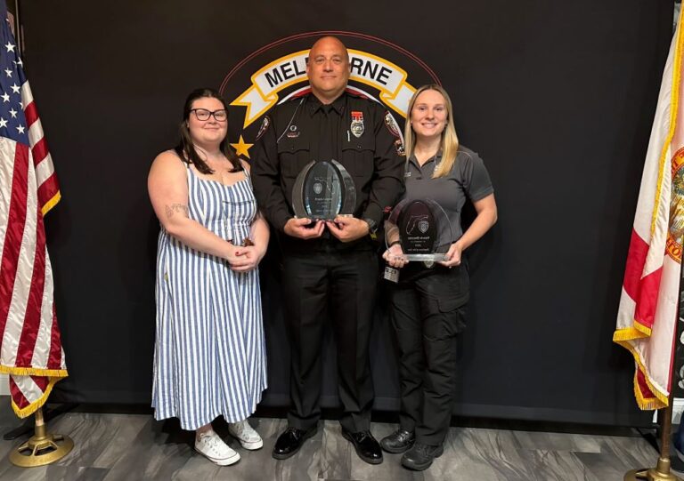 From left to right: Communications Officer of the Year Chelsea Johnson, Officer of the Year K9 Officer Frank Legate, and Employee of the Year Valerie Houston